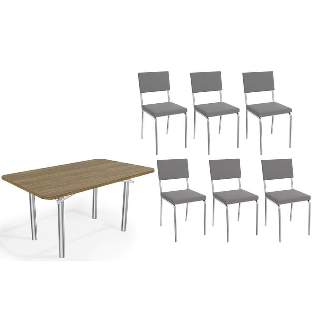 Sala de Jantar Completa Elba c/ Tampo de Madeira 160cm e 6 Cadeiras Zaria Cromada/Nogueira - Suede Cinza - Kappesberg