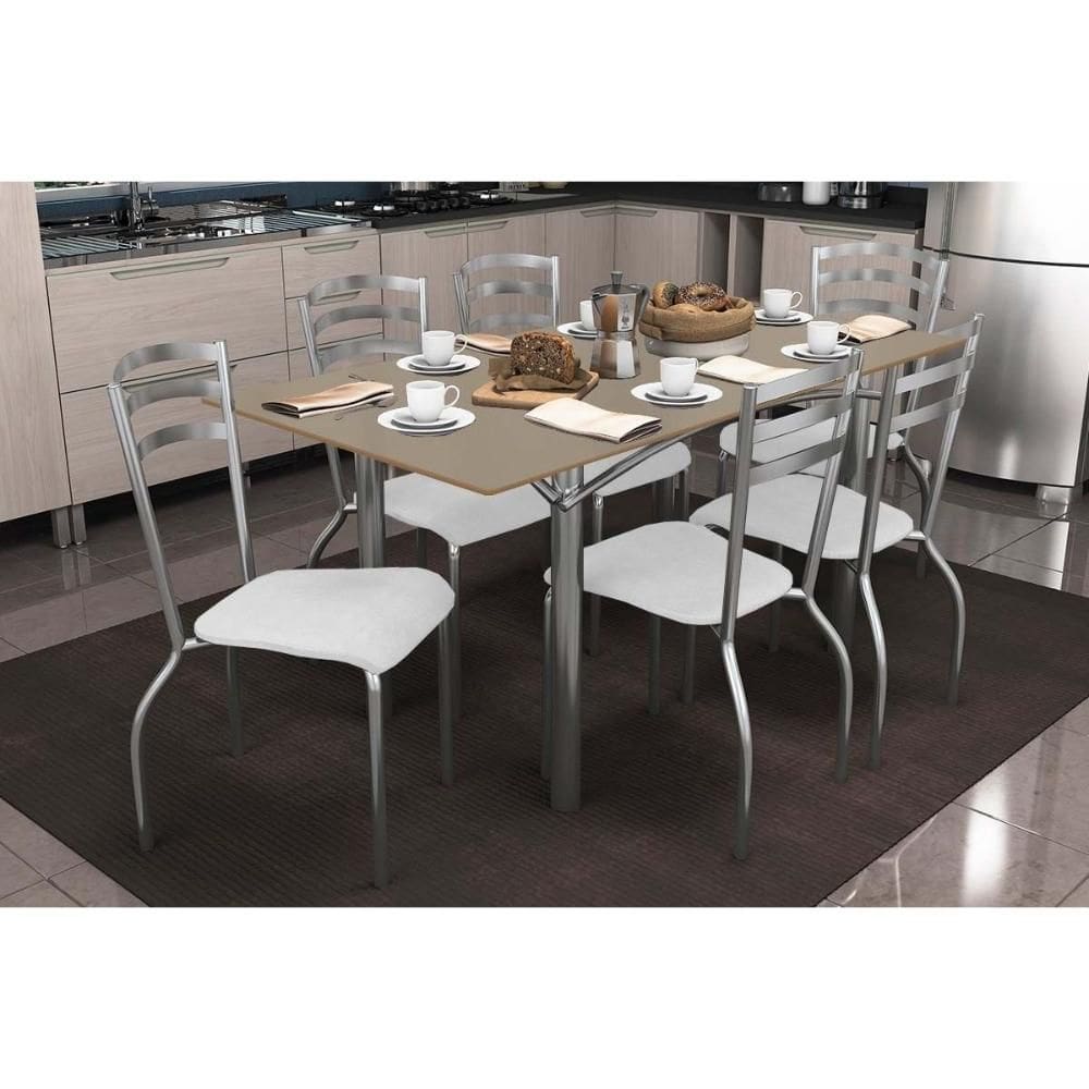 Sala de Jantar Completa Elba Tampo Madeirado c/ Vidro 160cm e 6 Cadeiras Portugal Cromada/Freijo Bronze - Courano Branco - Kappesberg