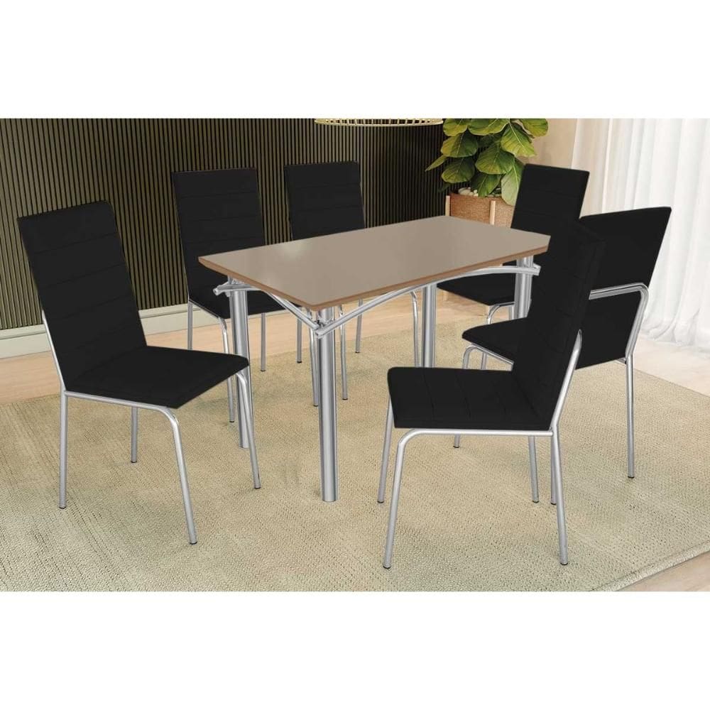 Sala de Jantar Completa Elba Tampo Madeirado c/ Vidro 120cm e 6 Cadeiras Amsterdã Cromada/Freijo Bronze - Courano Preto - Kappesberg