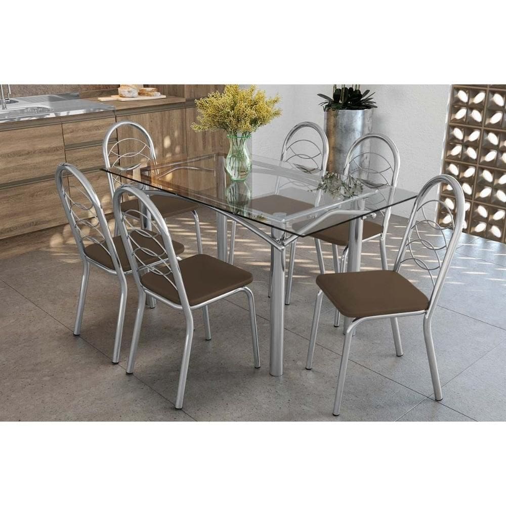 Sala de Jantar Completa Elba c/ Tampo de Vidro 150cm e 6 Cadeiras Holanda Cromada - Courano Marrom - Kappesberg
