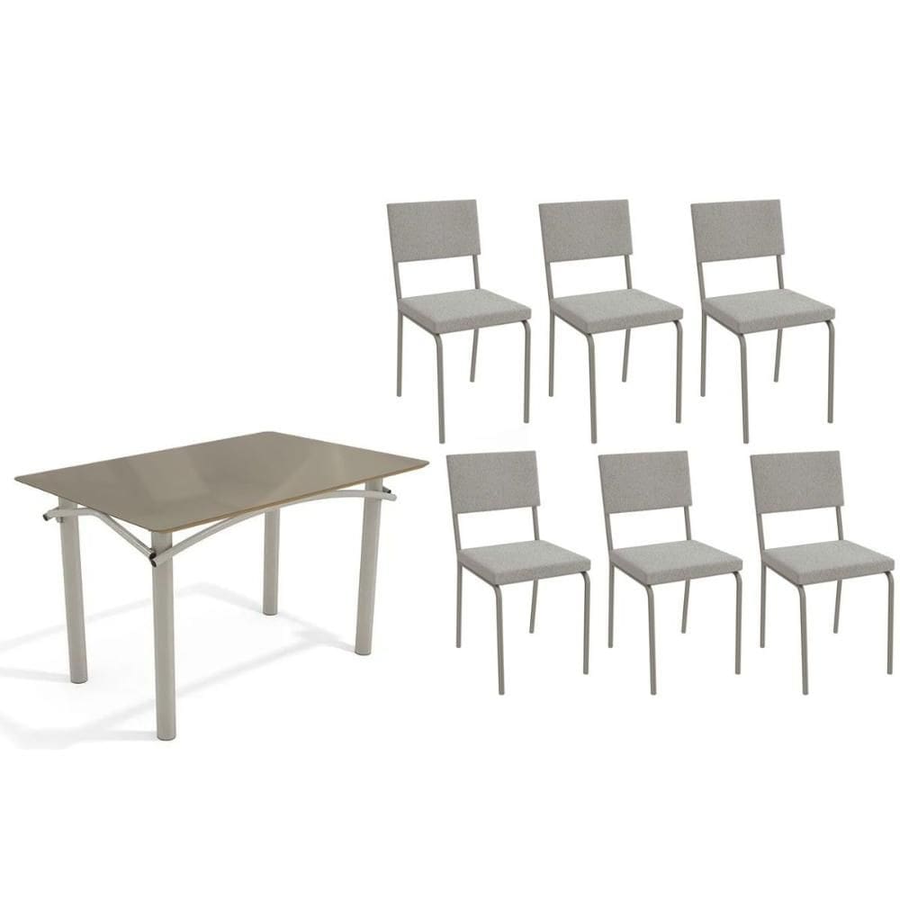 Sala de Jantar Completa Elba Tampo Madeirado c/ Vidro 120cm e 6 Cadeiras Zaria Niquel/Freijo Bronze - Boucle Cinza - Kappesberg
