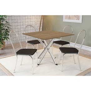 Sala de Jantar Completa Volga c/ Tampo de Madeira 90cm e 4 Cadeiras Noruega Cromado/Nogueira - Preto - Kappesberg