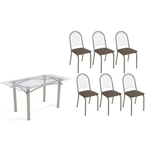 Sala de Jantar Completa Elba c/ Tampo de Vidro 150cm e 6 Cadeiras Noruega Niquel - Courano Marrom - Kappesberg