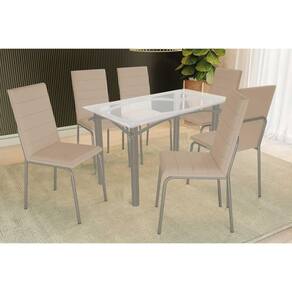 Sala de Jantar Completa Elba c/ Tampo de Vidro 120cm e 4 Cadeiras Amsterdã Niquel - Courano Bege - Kappesberg