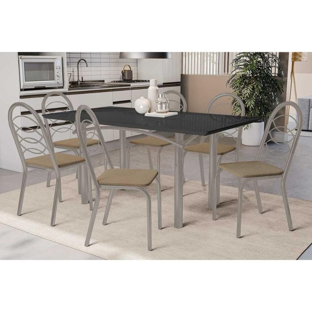 Sala de Jantar Completa Elba Tampo Madeirado c/ Vidro 160cm e 6 Cadeiras Holanda Niquel/Preto - Courano Capuccino - Kappesberg