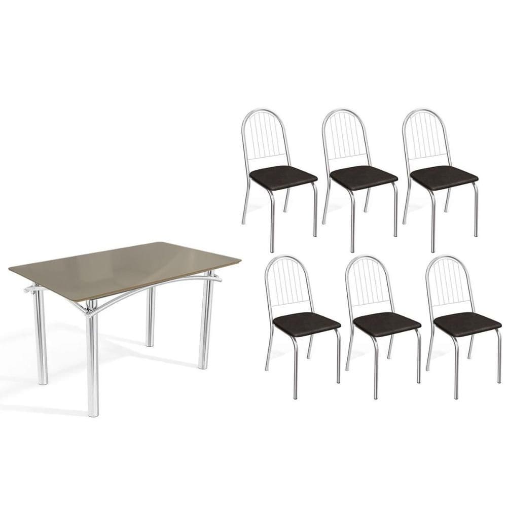 Sala de Jantar Completa Elba Tampo Madeirado c/ Vidro 120cm e 6 Cadeiras Noruega Cromada/Freijo Bronze - Courano Preto - Kappesberg