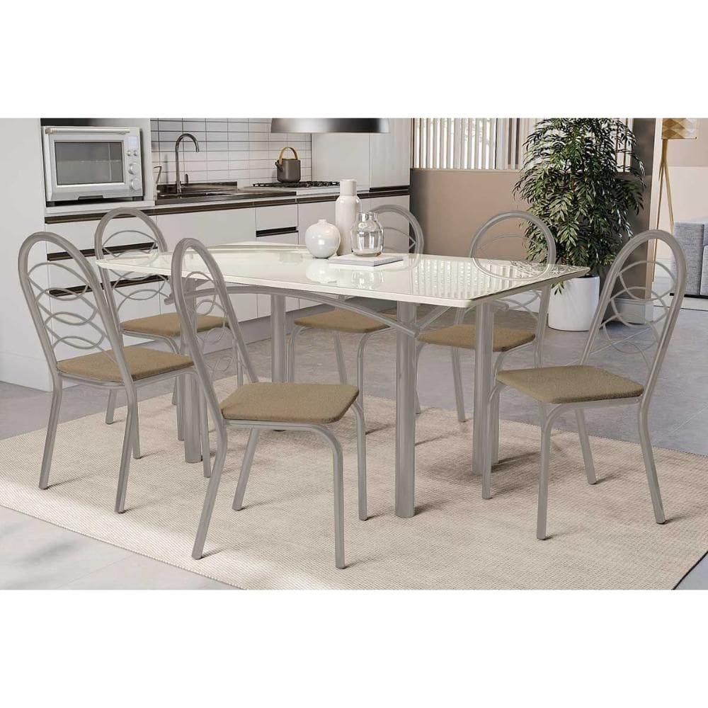 Sala de Jantar Completa Elba Tampo Madeirado c/ Vidro 160cm e 6 Cadeiras Holanda Niquel/Off White - Courano Capuccino - Kappesberg