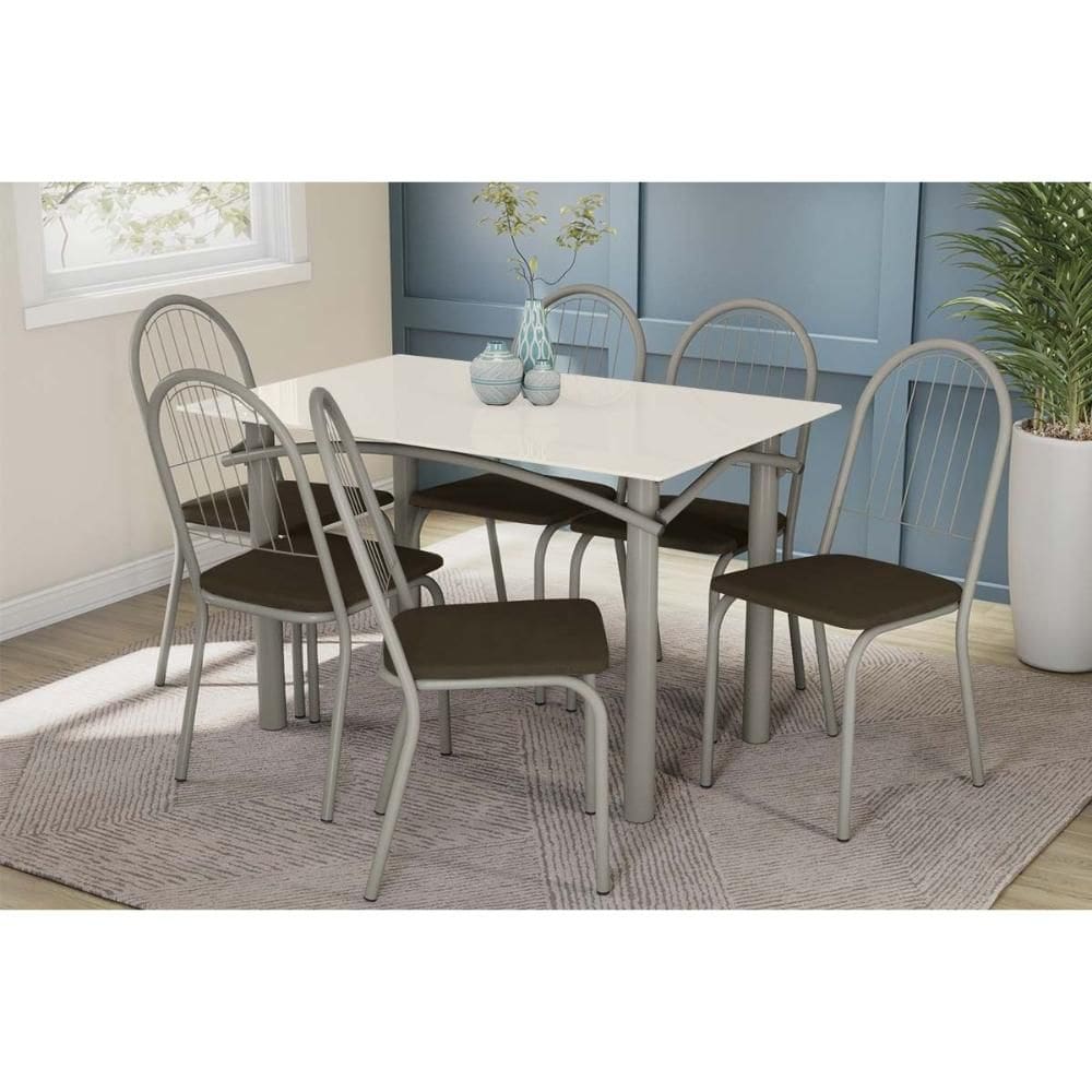 Sala de Jantar Completa Elba Tampo Madeirado c/ Vidro 120cm e 6 Cadeiras Noruega Niquel/Off White - Courano Marrom - Kappesberg
