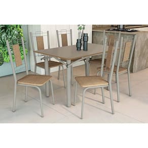 Sala de Jantar Completa Elba Tampo Madeirado c/ Vidro 120cm e 6 Cadeiras Florença Niquel/Freijo Bronze - Courano Capuccino - Kappesberg