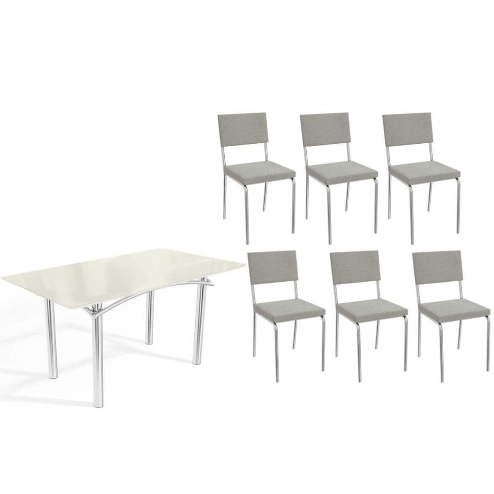 Sala de Jantar Completa Elba Tampo Madeirado c/ Vidro 160cm e 6 Cadeiras Zaria Cromada/Off White - Boucle Cinza - Kappesberg