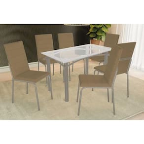 Sala de Jantar Completa Elba c/ Tampo de Vidro 120cm e 4 Cadeiras Amsterdã Niquel - Courano Capuccino - Kappesberg