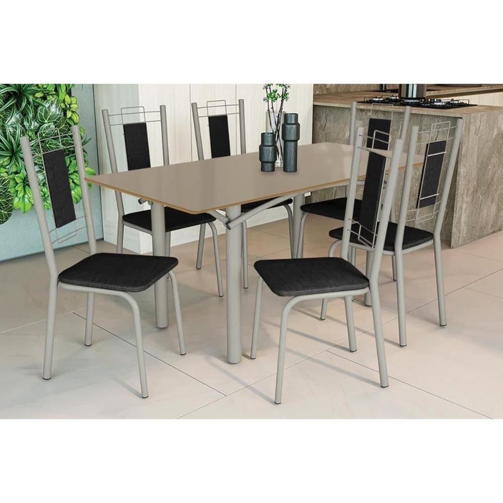 Sala de Jantar Completa Elba Tampo Madeirado c/ Vidro 160cm e 6 Cadeiras Florença Niquel/Freijo Bronze - Courano Preto - Kappesberg