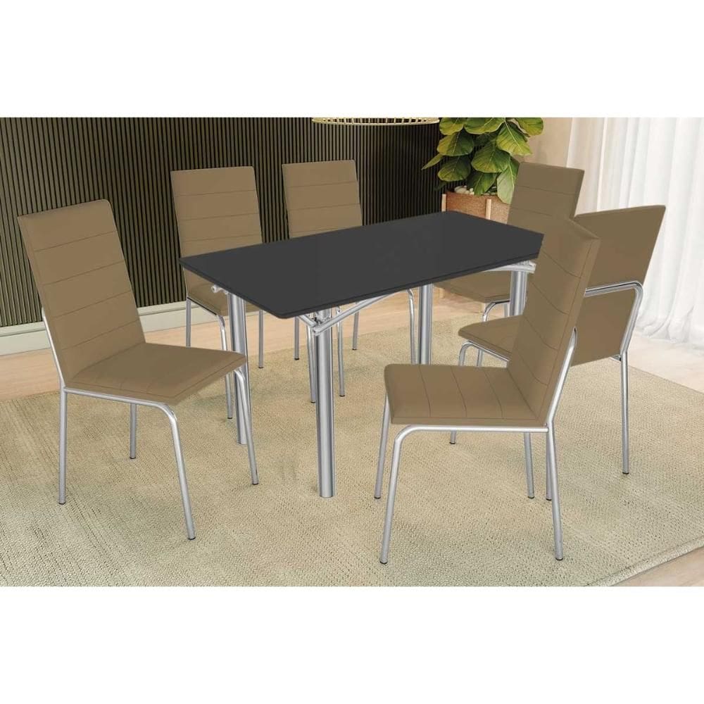 Sala de Jantar Completa Elba Tampo Madeirado c/ Vidro 160cm e 6 Cadeiras Amsterdã Cromada/Preto - Courano Capuccino - Kappesberg