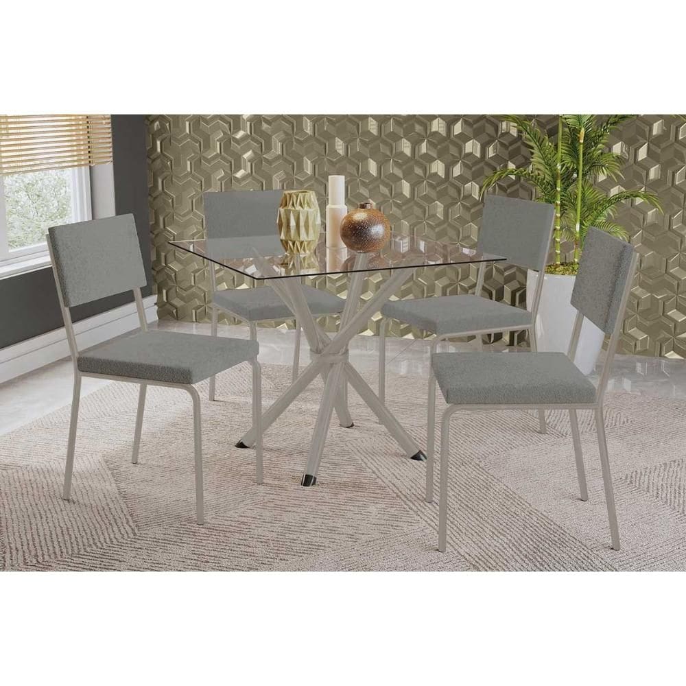 Sala de Jantar Completa Volga c/ Tampo de Vidro 90cm e 4 Cadeiras Zaria Niquel - Boucle Cinza - Kappesberg