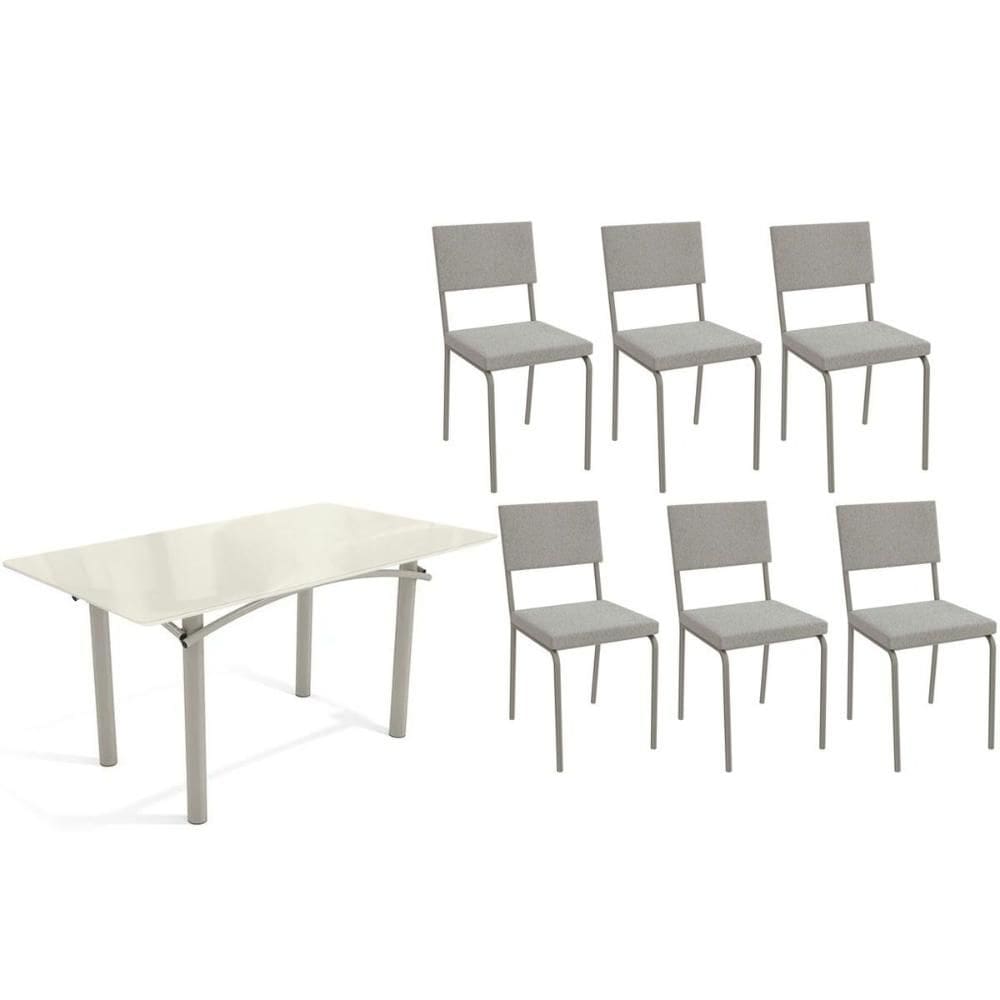 Sala de Jantar Completa Elba Tampo Madeirado c/ Vidro 160cm e 6 Cadeiras Zaria Niquel/Off White - Boucle Cinza - Kappesberg