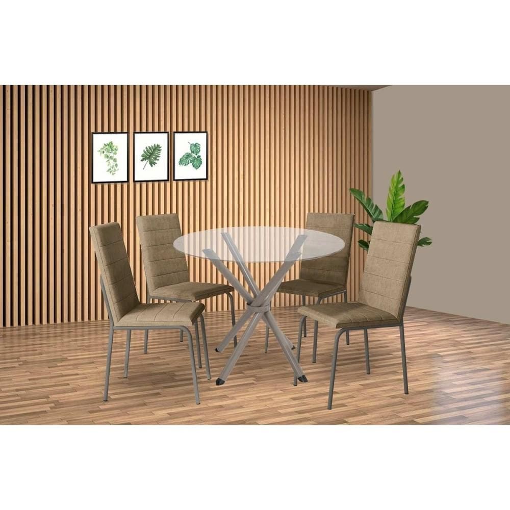 Sala de Jantar Completa Volga c/ Tampo de Vidro 95cm e 4 Cadeiras Amsterdã Niquel - Courano Capuccino - Kappesberg