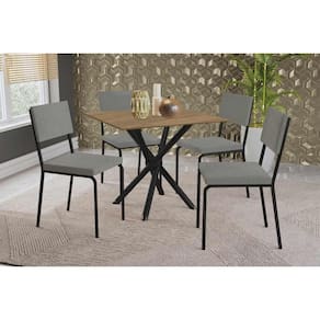Sala de Jantar Completa Volga c/ Tampo de Madeira 90cm e 4 Cadeiras Zaria Preto/Nogueira - Boucle Cinza - Kappesberg