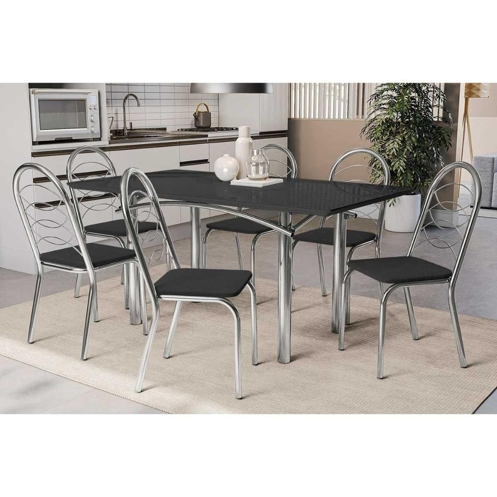 Sala de Jantar Completa Elba Tampo Madeirado c/ Vidro 160cm e 6 Cadeiras Holanda Cromada/Preto - Courano Preto - Kappesberg
