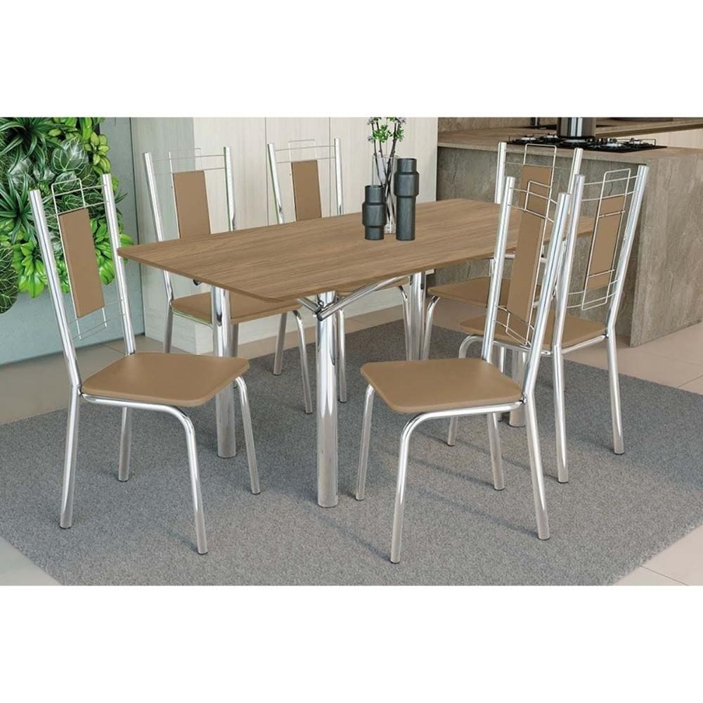 Sala de Jantar Completa Elba c/ Tampo de Madeira 160cm e 6 Cadeiras Florença Cromada/Nogueira - Courano Capuccino - Kappesberg