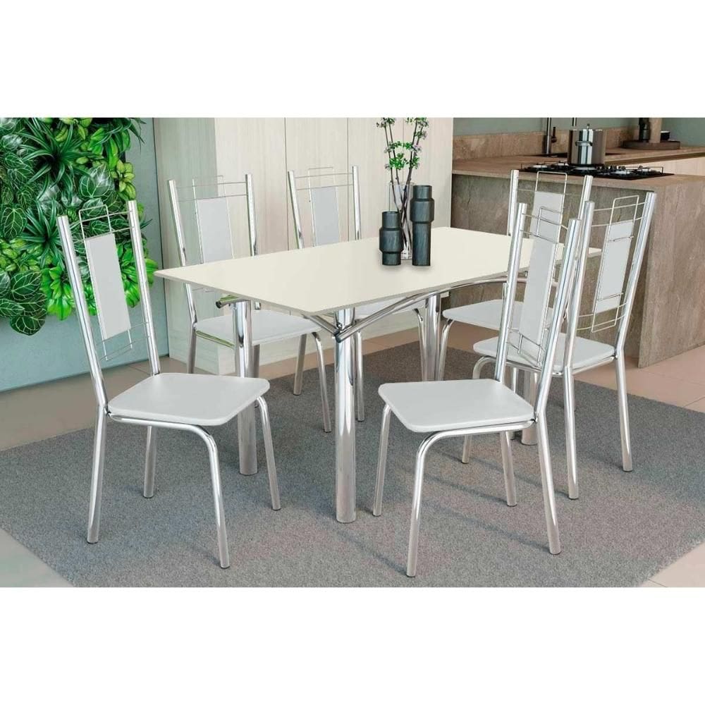 Sala de Jantar Completa Elba Tampo Madeirado c/ Vidro 160cm e 6 Cadeiras Florença Cromada/Off White - Courano Branco - Kappesberg
