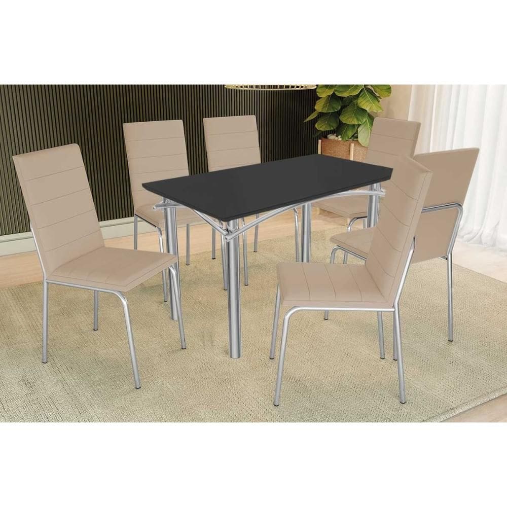 Sala de Jantar Completa Elba Tampo Madeirado c/ Vidro 120cm e 6 Cadeiras Amsterdã Cromada/Preto - Courano Bege - Kappesberg