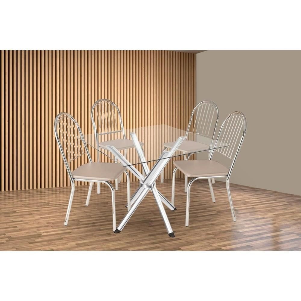 Sala de Jantar Completa Volga c/ Tampo de Vidro 90cm e 4 Cadeiras Noruega Cromada - Courano Bege - Kappesberg