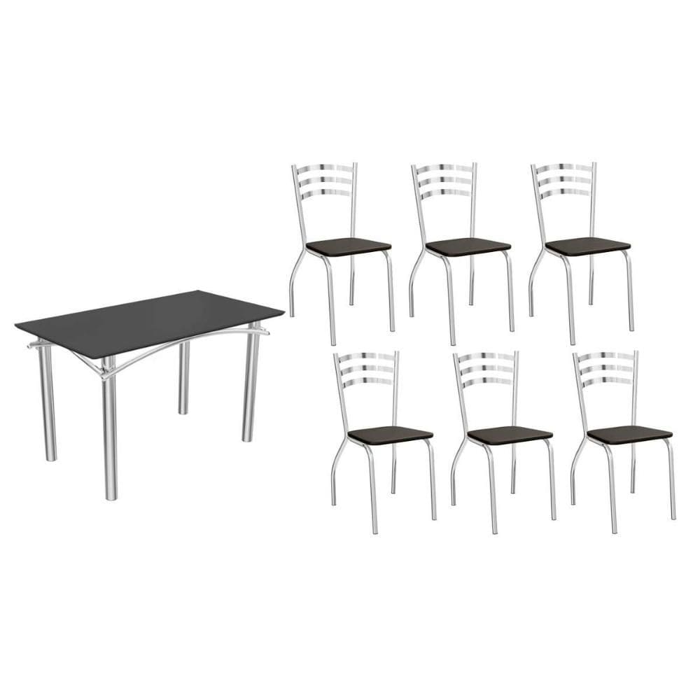 Sala de Jantar Completa Elba Tampo Madeirado c/ Vidro 120cm e 6 Cadeiras Portugal Cromada/Preto - Courano Preto - Kappesberg
