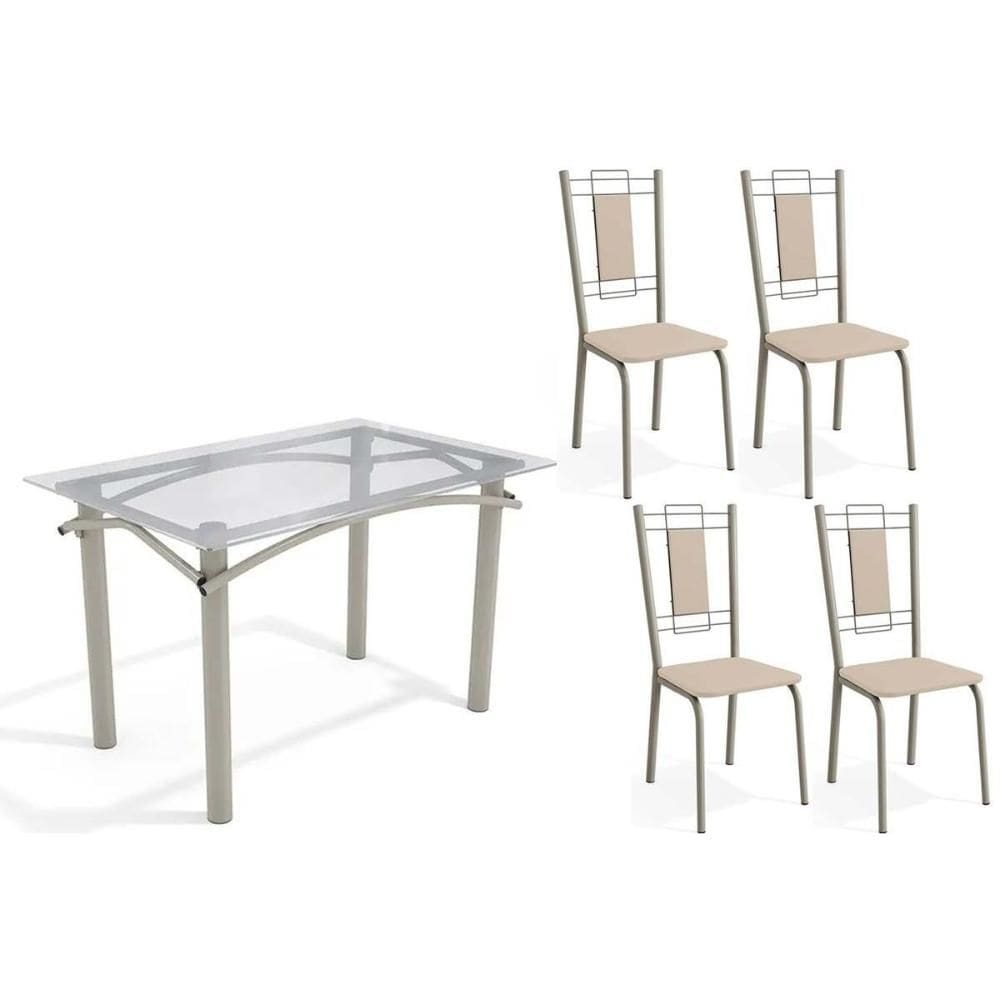 Sala de Jantar Completa Elba c/ Tampo de Vidro 120cm e 4 Cadeiras Florença Niquel - Courano Bege - Kappesberg