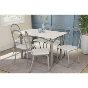 Sala de Jantar Completa Elba Tampo Madeirado c/ Vidro 120cm e 6 Cadeiras Noruega Niquel/Off White - Courano Branco - Kappesberg