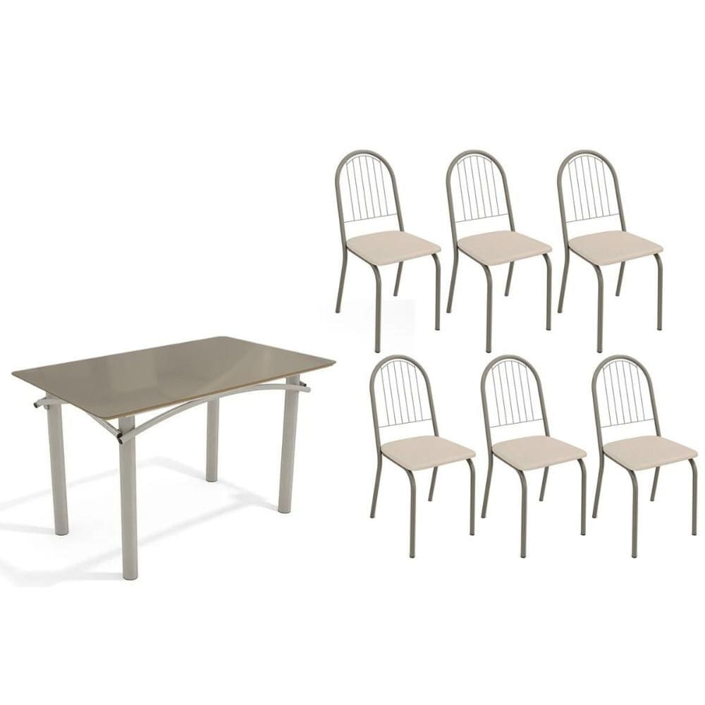 Sala de Jantar Completa Elba Tampo Madeirado c/ Vidro 120cm e 6 Cadeiras Noruega Niquel/Freijo Bronze - Courano Bege - Kappesberg