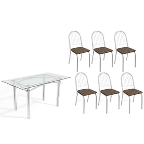 Sala de Jantar Completa Elba c/ Tampo de Vidro 150cm e 6 Cadeiras Noruega Cromada - Courano Marrom - Kappesberg