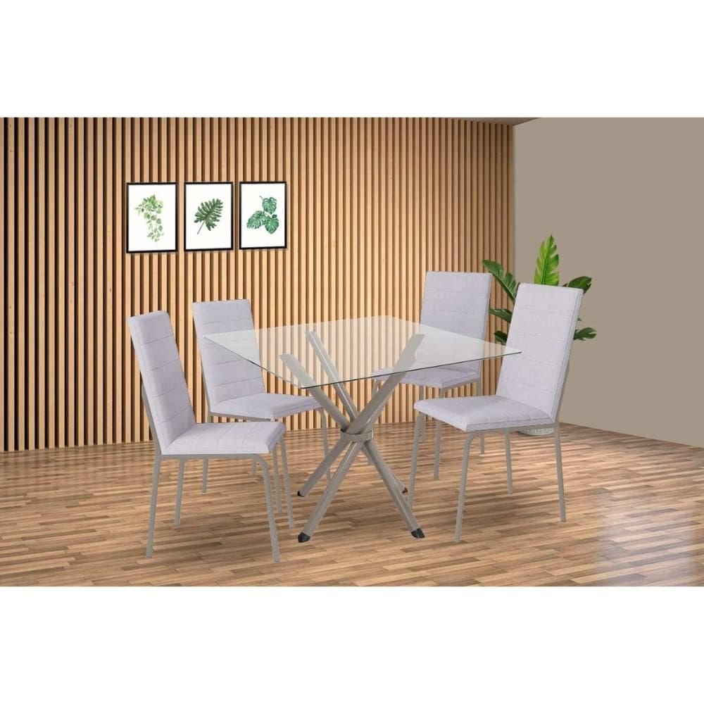 Sala de Jantar Completa Volga c/ Tampo de Vidro 90cm e 4 Cadeiras Amsterdã Niquel - Courano Branco - Kappesberg