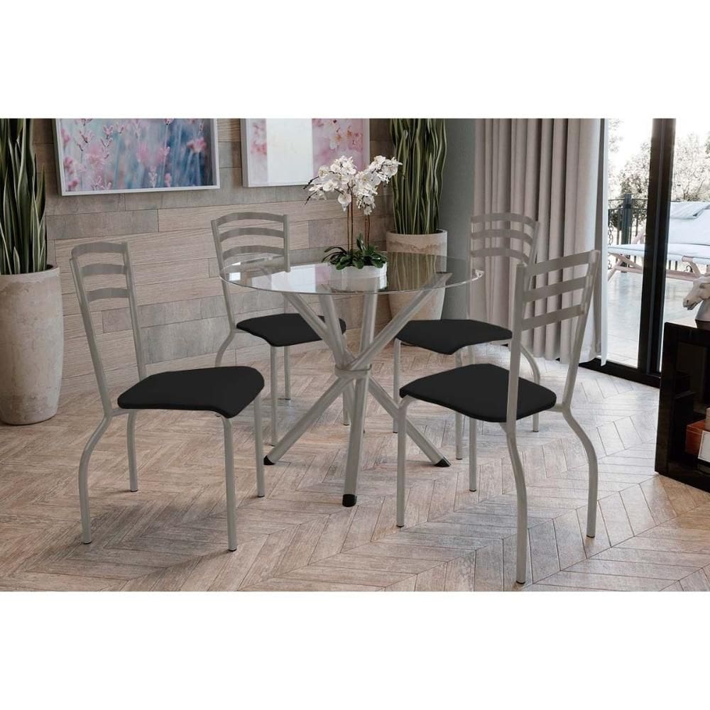 Sala de Jantar Completa Volga c/ Tampo de Vidro 95cm e 4 Cadeiras Portugal Niquel - Courano Preto - Kappesberg