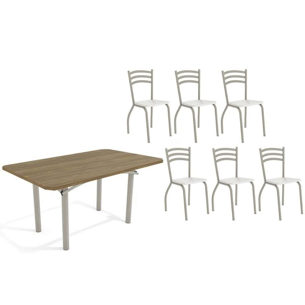 Sala de Jantar Completa Elba c/ Tampo de Madeira 160cm e 6 Cadeiras Portugal Niquel/Nogueira - Courano Branco - Kappesberg
