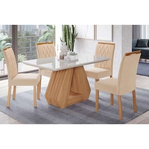 Sala de Jantar Completa Ágata Tampo Madeirado c/ Vidro 130x80cm e 4 Cadeiras Juliana Madeirado/Suede Nude Bege - Cimol