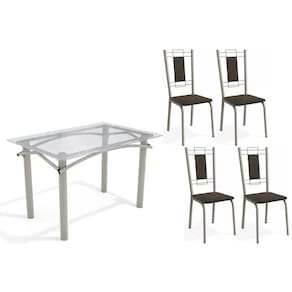 Sala de Jantar Completa Elba c/ Tampo de Vidro 120cm e 4 Cadeiras Florença Niquel - Courano Marrom - Kappesberg