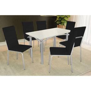 Sala de Jantar Completa Elba Tampo Madeirado c/ Vidro 120cm e 6 Cadeiras Amsterdã Cromada/Off White - Courano Preto - Kappesberg