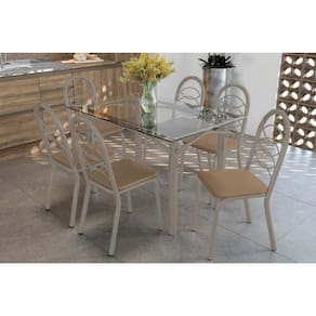 Sala de Jantar Completa Elba c/ Tampo de Vidro 120cm e 6 Cadeiras Holanda Niquel - Courano Capuccino - Kappesberg