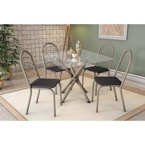 Sala de Jantar Completa Volga c/ Tampo de Vidro 90cm e 4 Cadeiras Holanda Niquel - Courano Preto - Kappesberg