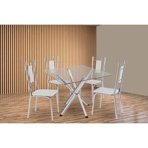 Sala de Jantar Completa Volga c/ Tampo de Vidro 90cm e 4 Cadeiras Florença Cromada - Courano Branco - Kappesberg