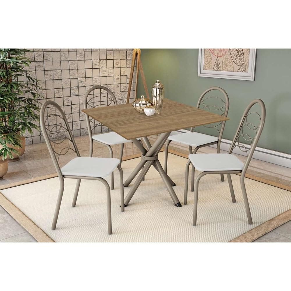 Sala de Jantar Completa Volga c/ Tampo de Madeira 90cm e 4 Cadeiras Holanda Niquel/Nogueira - Branco - Kappesberg
