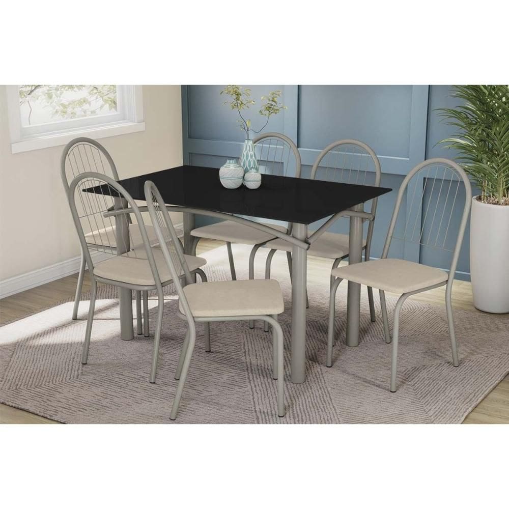 Sala de Jantar Completa Elba Tampo Madeirado c/ Vidro 120cm e 6 Cadeiras Noruega Niquel/Preto - Courano Bege - Kappesberg