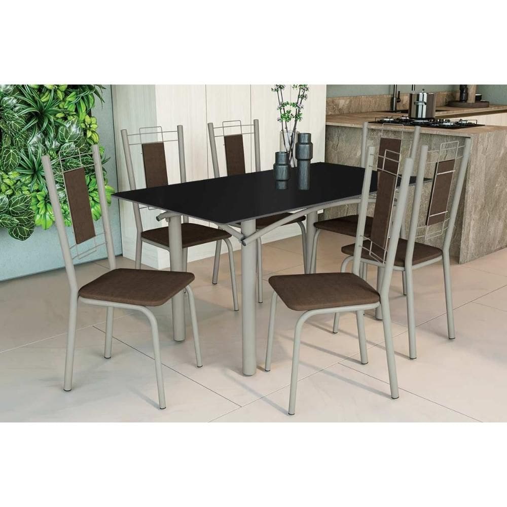 Sala de Jantar Completa Elba Tampo Madeirado c/ Vidro 160cm e 6 Cadeiras Florença Niquel/Preto - Courano Marrom - Kappesberg