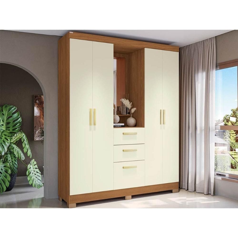 Guarda Roupa Casal 5 Portas e 2 Gavetas c/ 1 Espelho e Pés CB01R591 Canela/Off White - Kappesberg