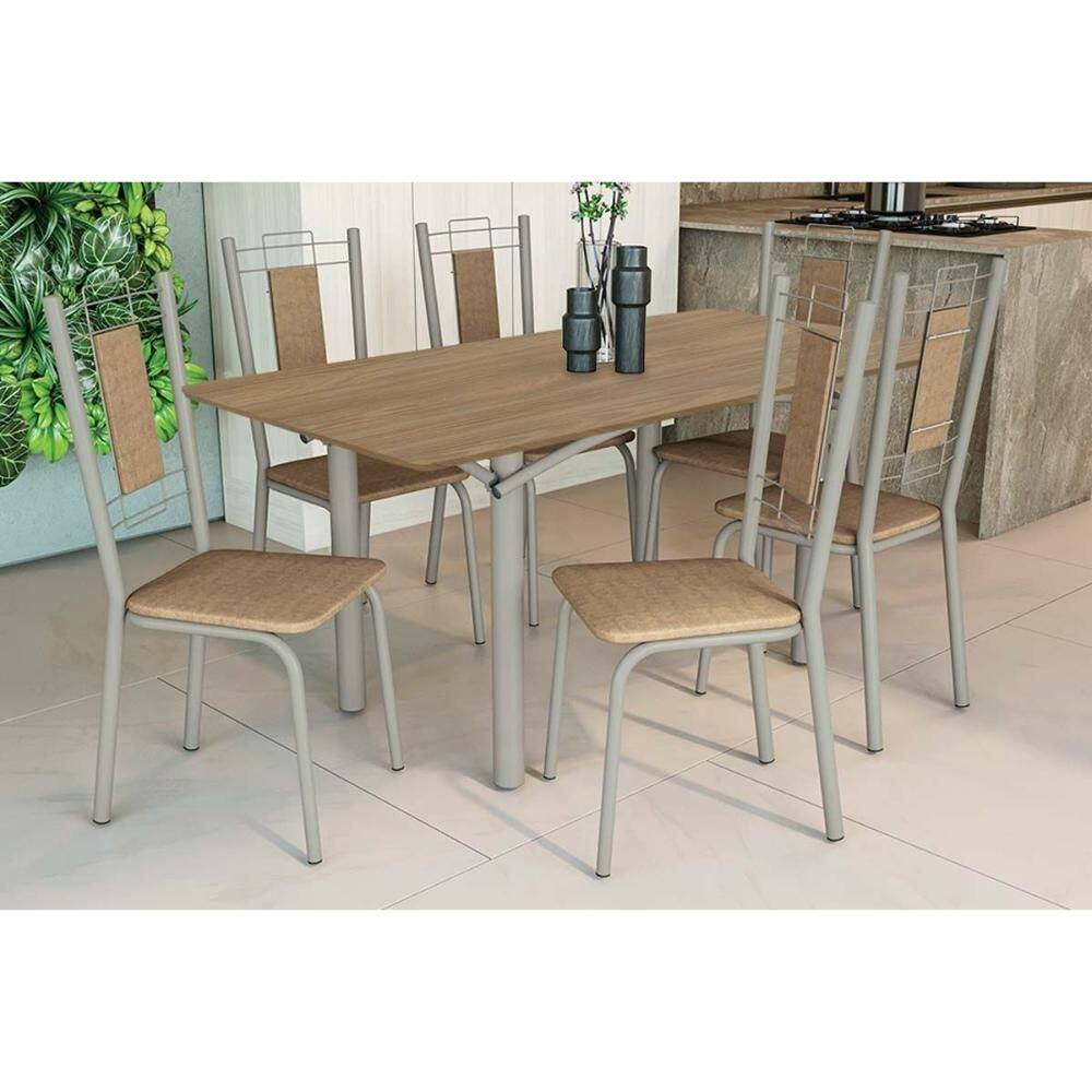 Sala de Jantar Completa Elba c/ Tampo de Madeira 160cm e 6 Cadeiras Florença Niquel/Nogueira - Courano Capuccino - Kappesberg