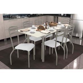 Sala de Jantar Completa Elba Tampo Madeirado c/ Vidro 160cm e 6 Cadeiras Portugal Niquel/Off White - Courano Branco - Kappesberg