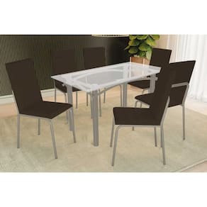 Sala de Jantar Completa Elba c/ Tampo de Vidro 140cm e 6 Cadeiras Amsterdã Niquel - Courano Marrom - Kappesberg