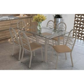 Sala de Jantar Completa Elba c/ Tampo de Vidro 150cm e 6 Cadeiras Holanda Niquel - Courano Capuccino - Kappesberg