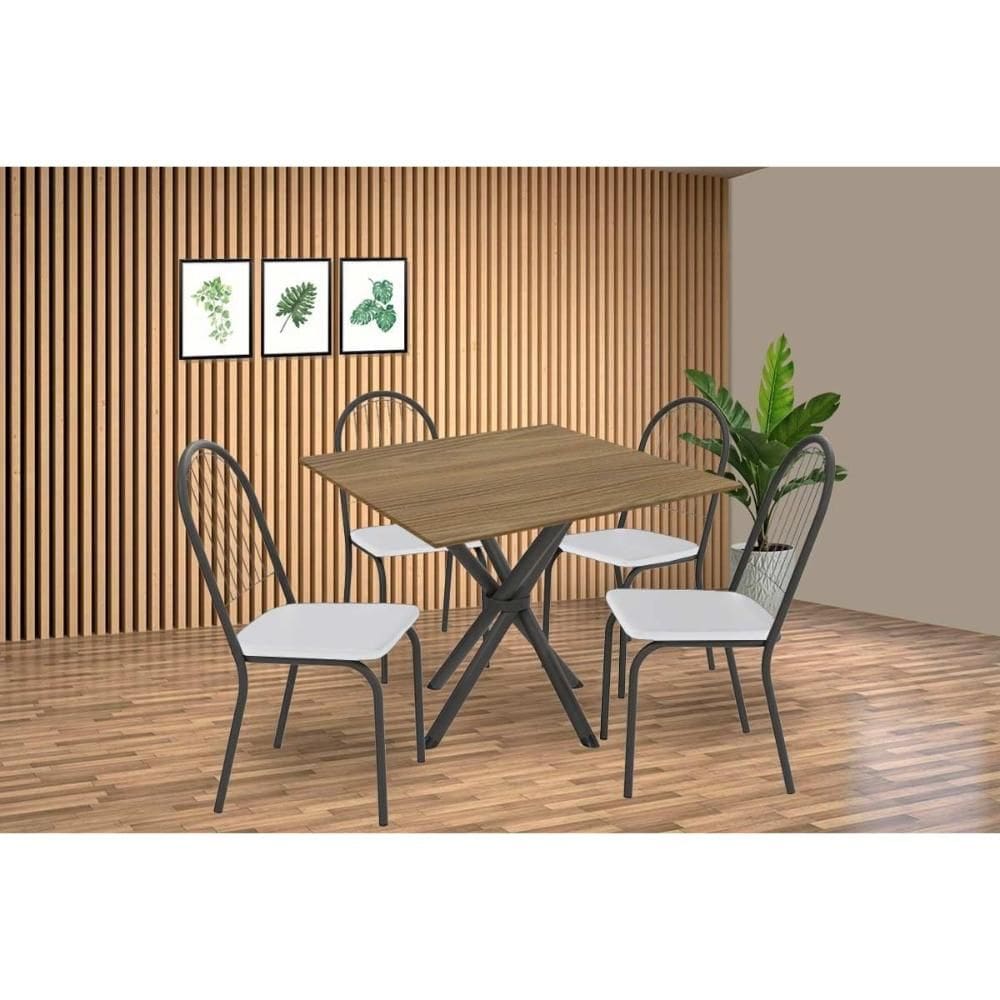 Sala de Jantar Completa Volga c/ Tampo de Madeira 90cm e 4 Cadeiras Noruega Preto/Nogueira - Branco - Kappesberg