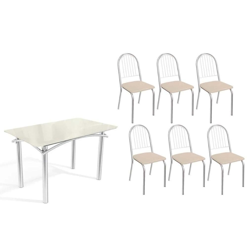 Sala de Jantar Completa Elba Tampo Madeirado c/ Vidro 120cm e 6 Cadeiras Noruega Cromada/Off White - Courano Bege - Kappesberg